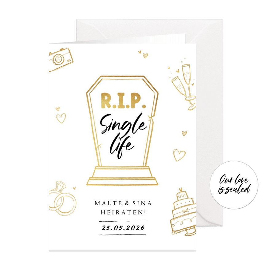 Einladungskarte zur Hochzeit Doodles 'RIP Single life' - Karteneindruck
