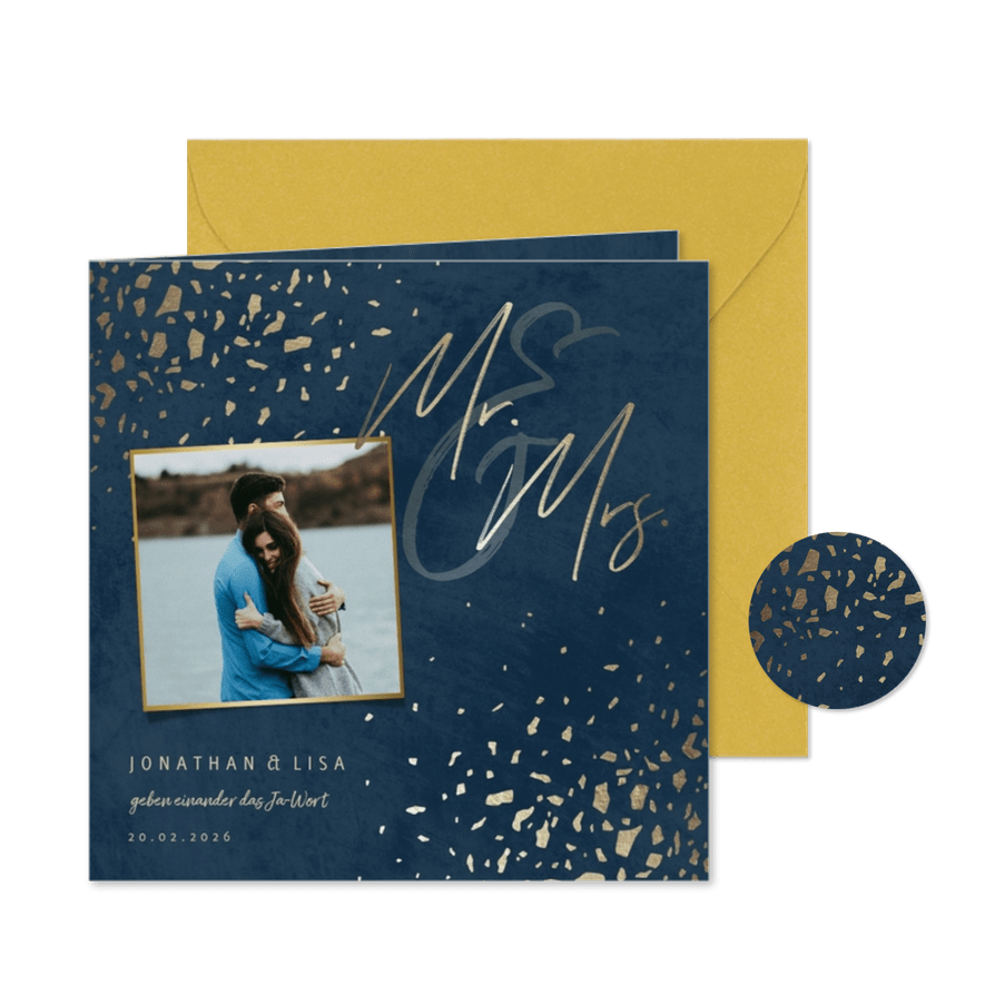 Einladungskarte zur Hochzeit dunkelblau mit Gold & Foto - Karteneindruck
