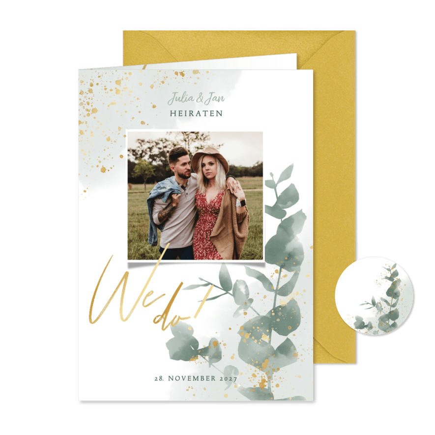 Einladungskarte zur Hochzeit Eukalyptus, Foto & Gold - Karteneindruck