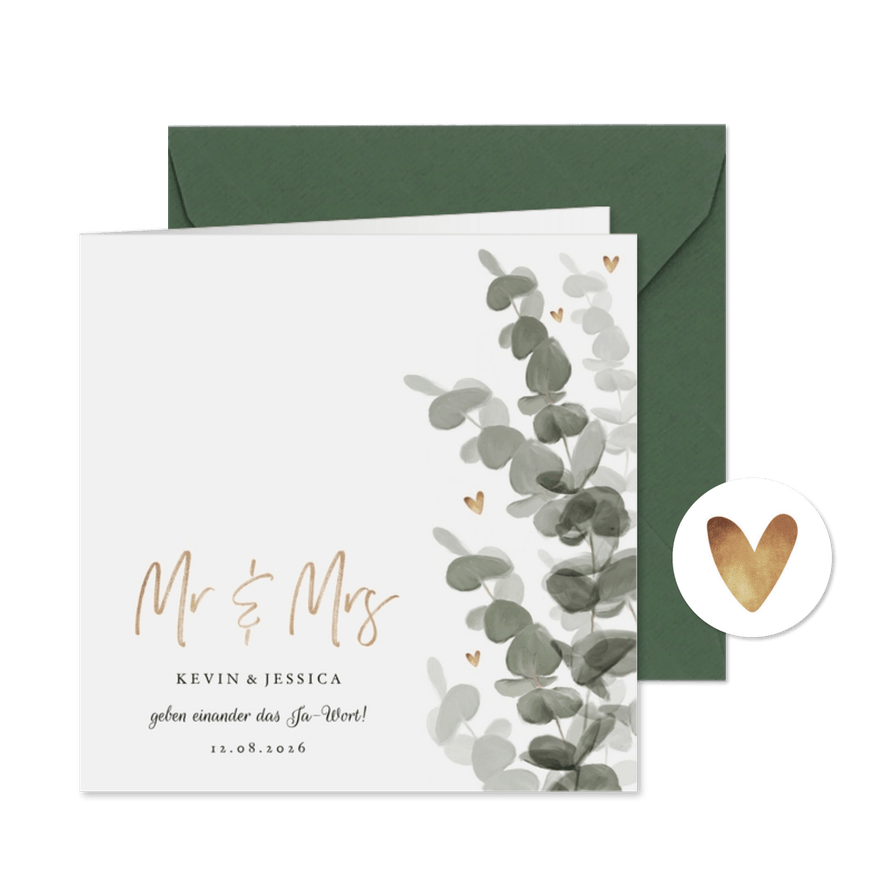 Einladungskarte zur Hochzeit Eukalyptusblätter - Karteneindruck
