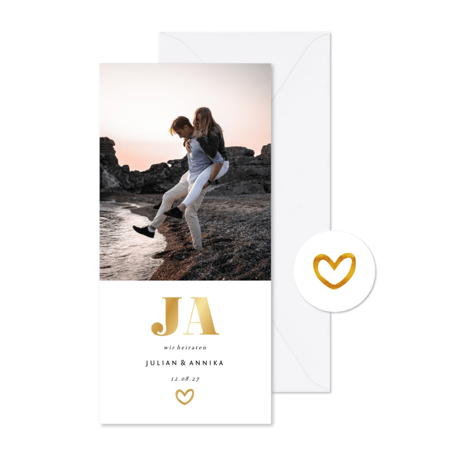 Einladungskarte zur Hochzeit Goldakzente Foto Hochformat - Kartenvorschau