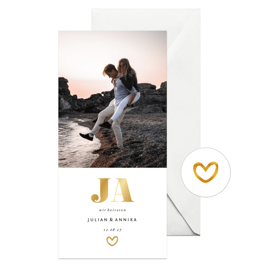 Einladungskarte zur Hochzeit Goldakzente Foto Hochformat - Karteneindruck
