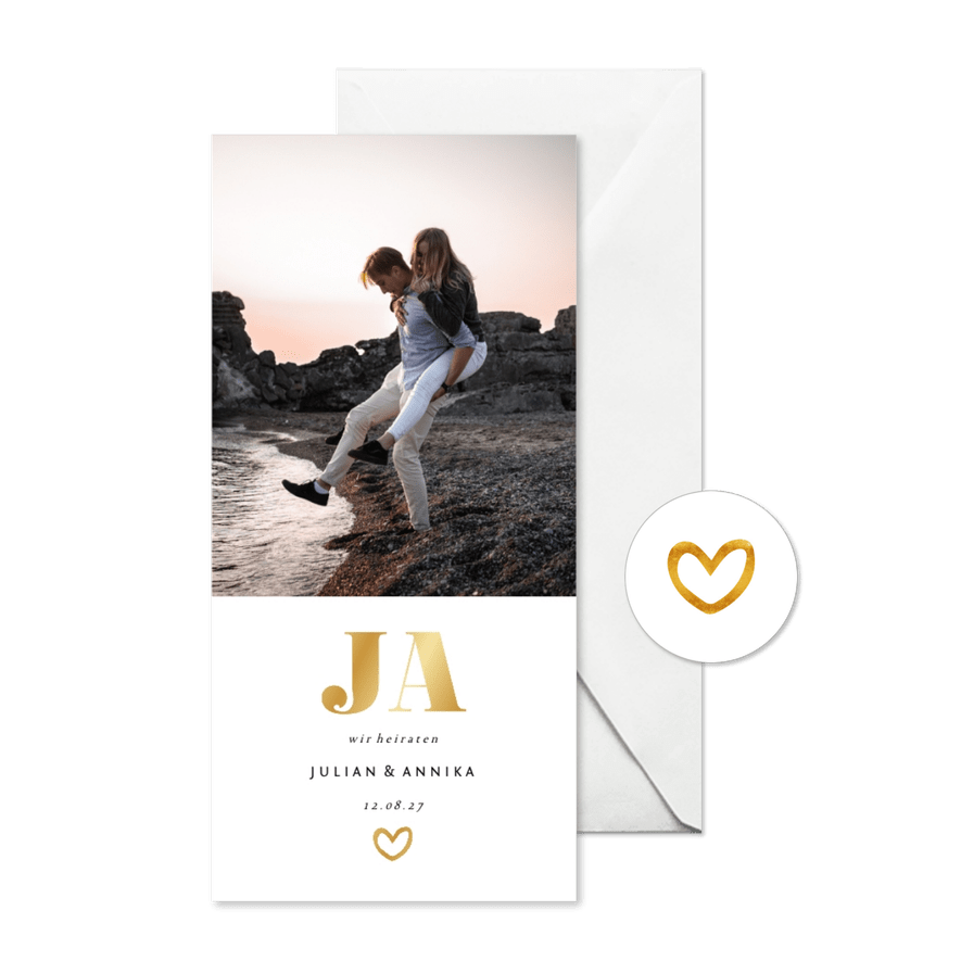 Einladungskarte zur Hochzeit Goldakzente Foto Hochformat - Karteneindruck
