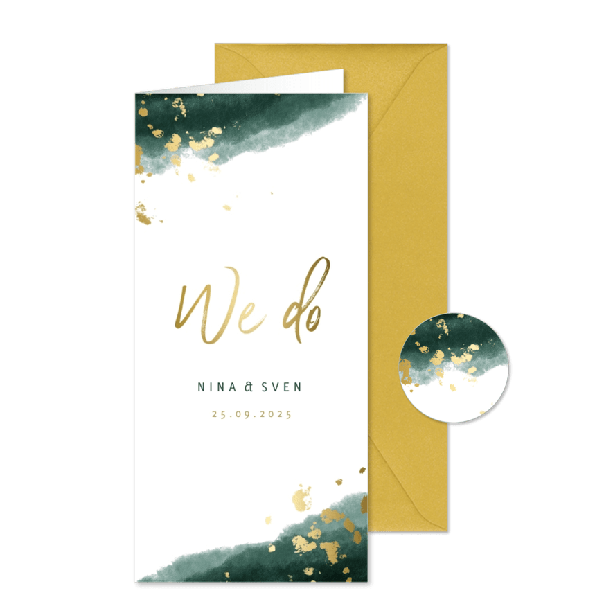 Einladungskarte zur Hochzeit grün-gold mit Timeline - Karteneindruck
