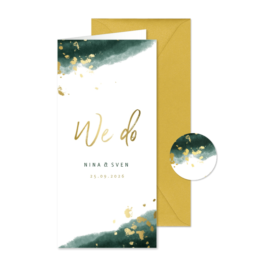 Einladungskarte zur Hochzeit grün-gold mit Timeline - Kartenvorschau
