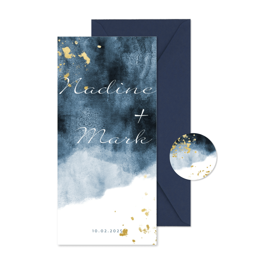 Einladungskarte zur Hochzeit im blauen Aquarelldesign - Karteneindruck