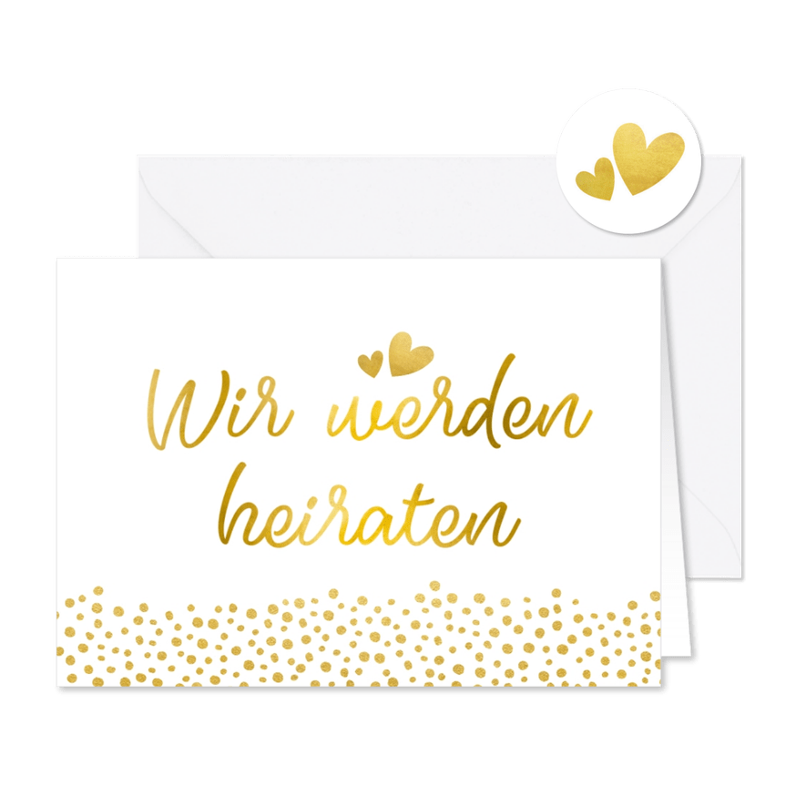 Einladungskarte zur Hochzeit im Goldlook mit Timeline - Karteneindruck
