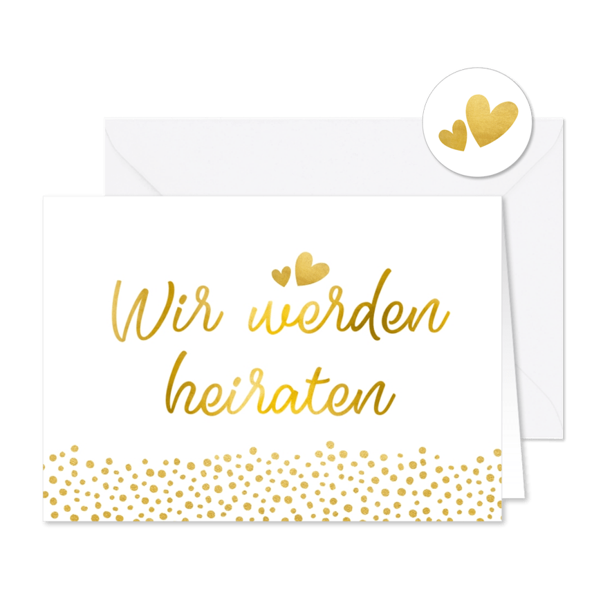 Einladungskarte zur Hochzeit im Goldlook mit Timeline - Karteneindruck