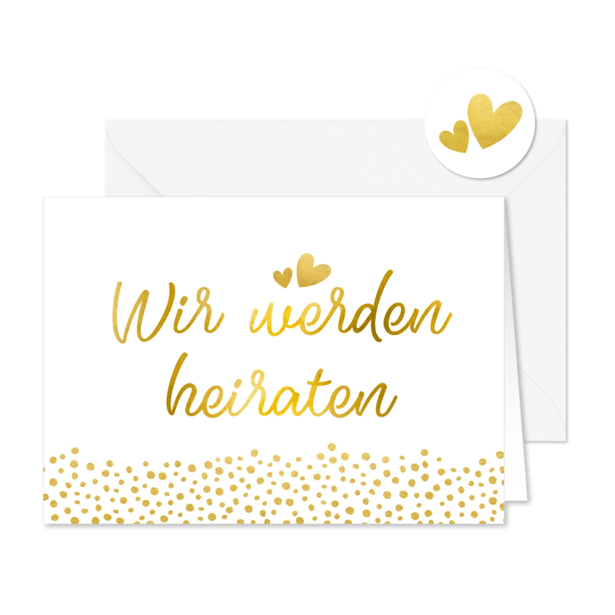Einladungskarte zur Hochzeit im Goldlook mit Timeline - Karteneindruck
