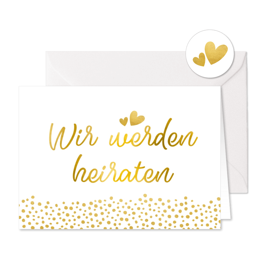 Einladungskarte zur Hochzeit im Goldlook mit Timeline - Karteneindruck
