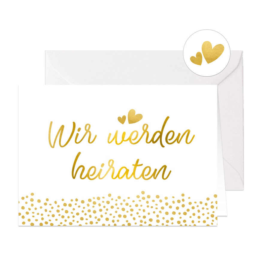 Einladungskarte zur Hochzeit im Goldlook mit Timeline - Karteneindruck
