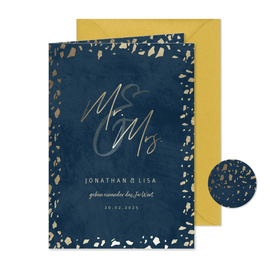 Einladungskarte zur Hochzeit in dunkelblau mit Goldrand - Karteneindruck
