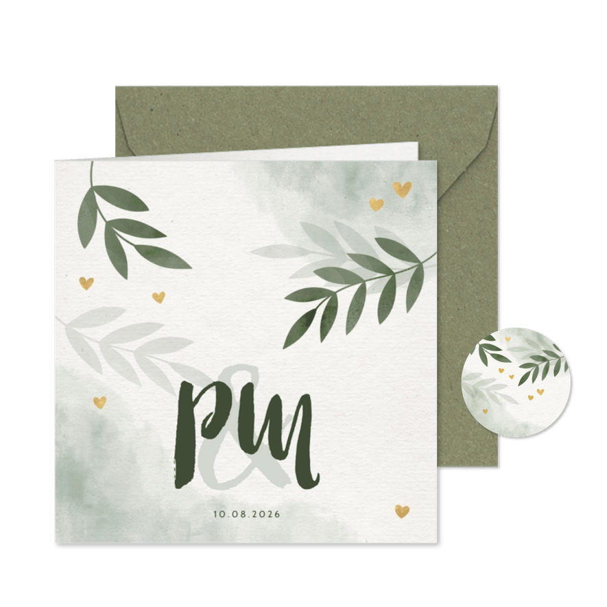 Einladungskarte zur Hochzeit mit Blättern, Herzen & Foto - Karteneindruck
