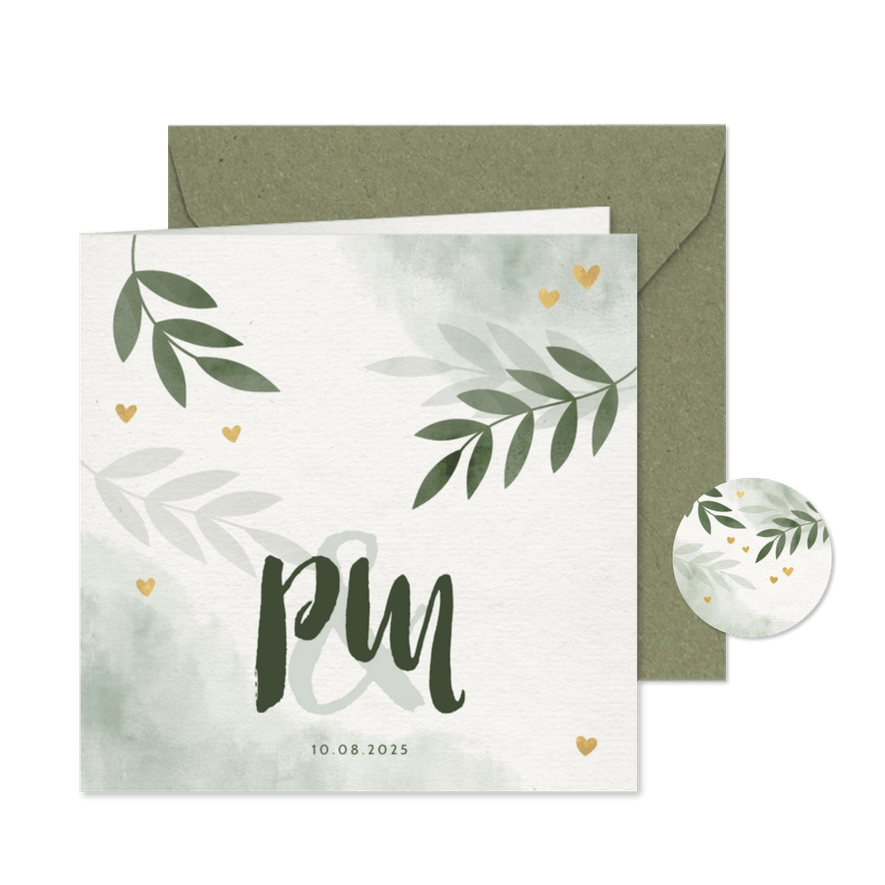 Einladungskarte zur Hochzeit mit Blättern, Herzen & Foto - Karteneindruck
