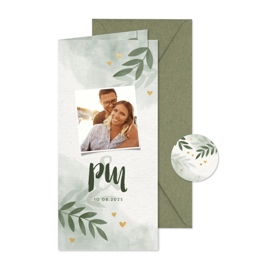 Einladungskarte zur Hochzeit mit Foto, Herzen und Zweigen - Karteneindruck
