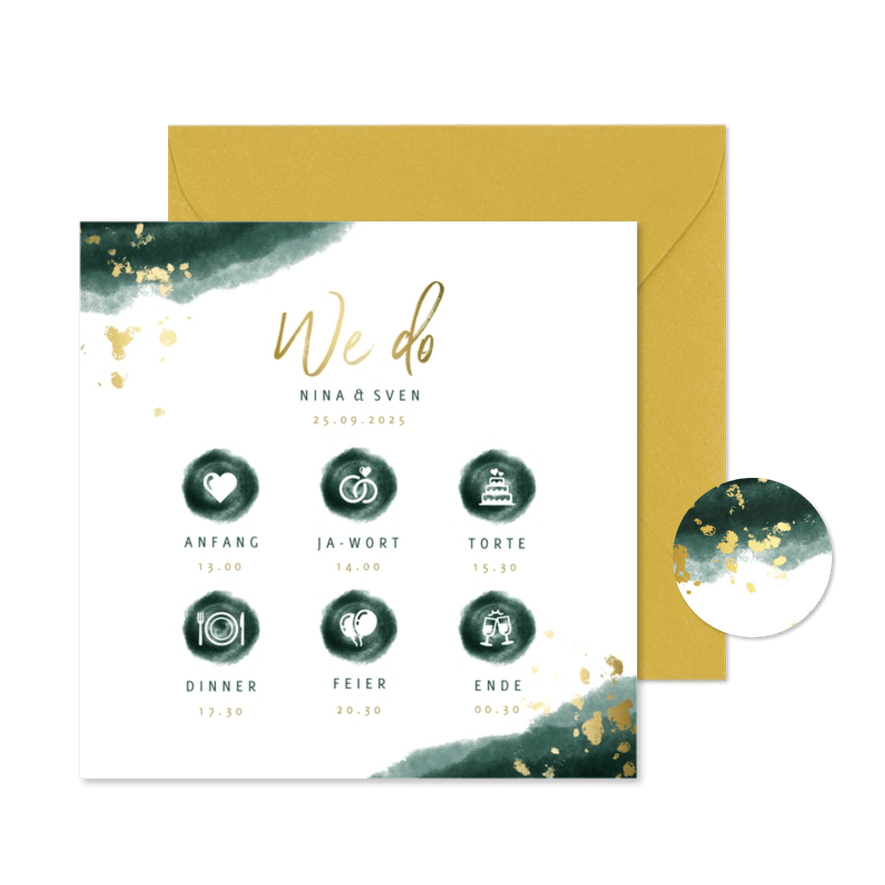 Einladungskarte zur Hochzeit mit Foto in grün mit Timeline - Karteneindruck
