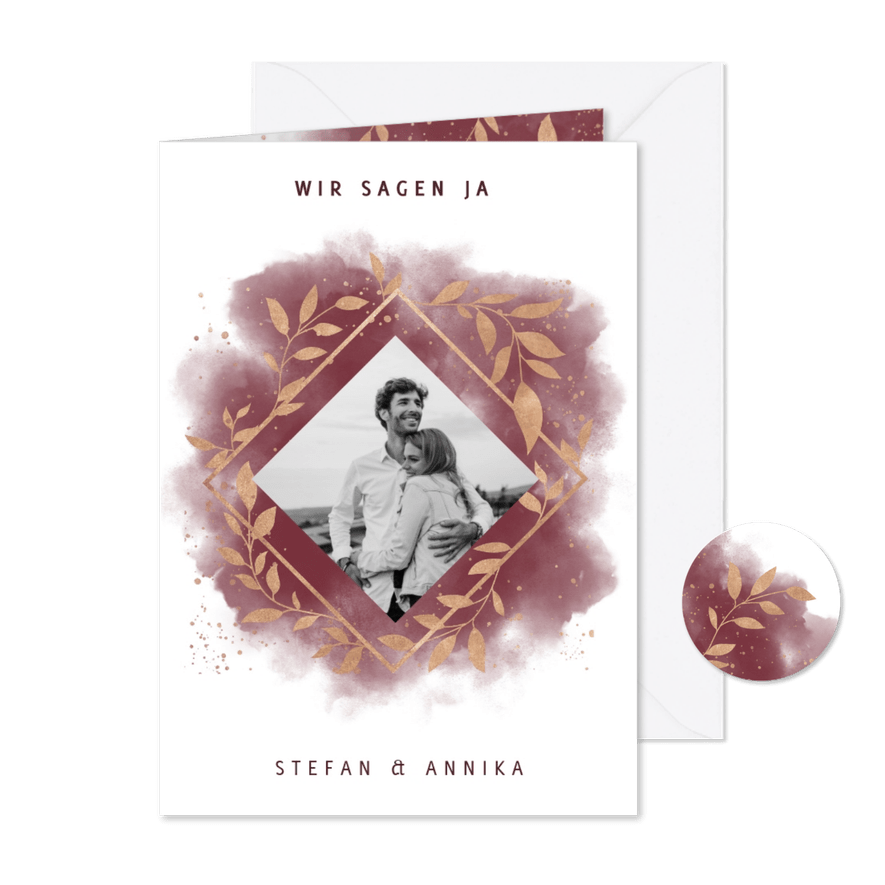Einladungskarte zur Hochzeit mit Foto in rot mit Goldzweigen - Karteneindruck