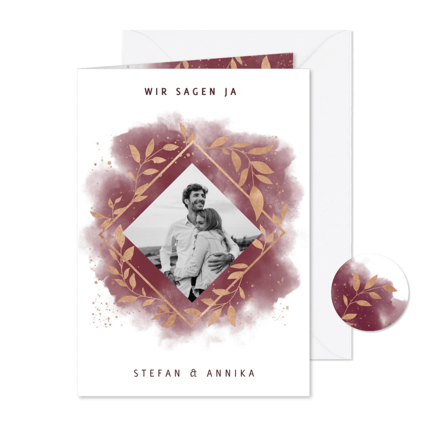 Einladungskarte zur Hochzeit mit Foto in rot mit Goldzweigen - Karteneindruck