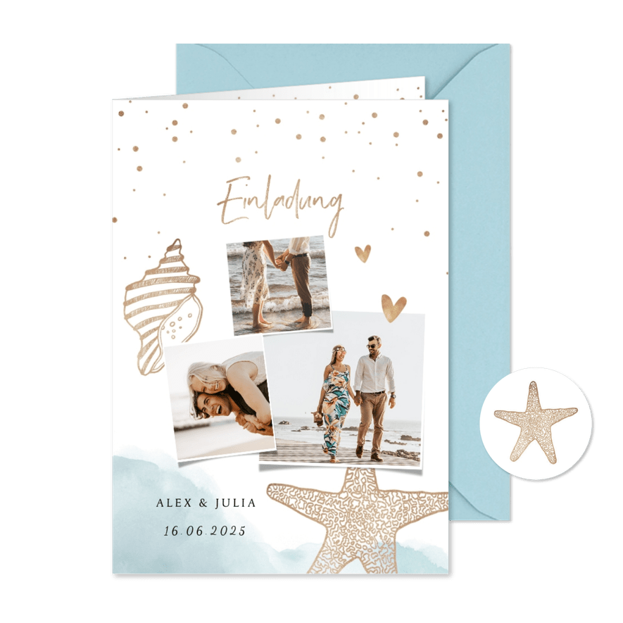 Einladungskarte zur Hochzeit mit Foto & Strandfeeling - Karteneindruck