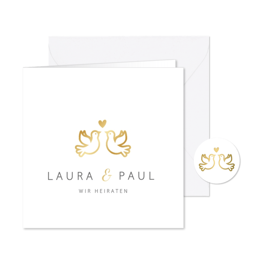 Einladungskarte zur Hochzeit mit goldenen Tauben und Herz - Karteneindruck