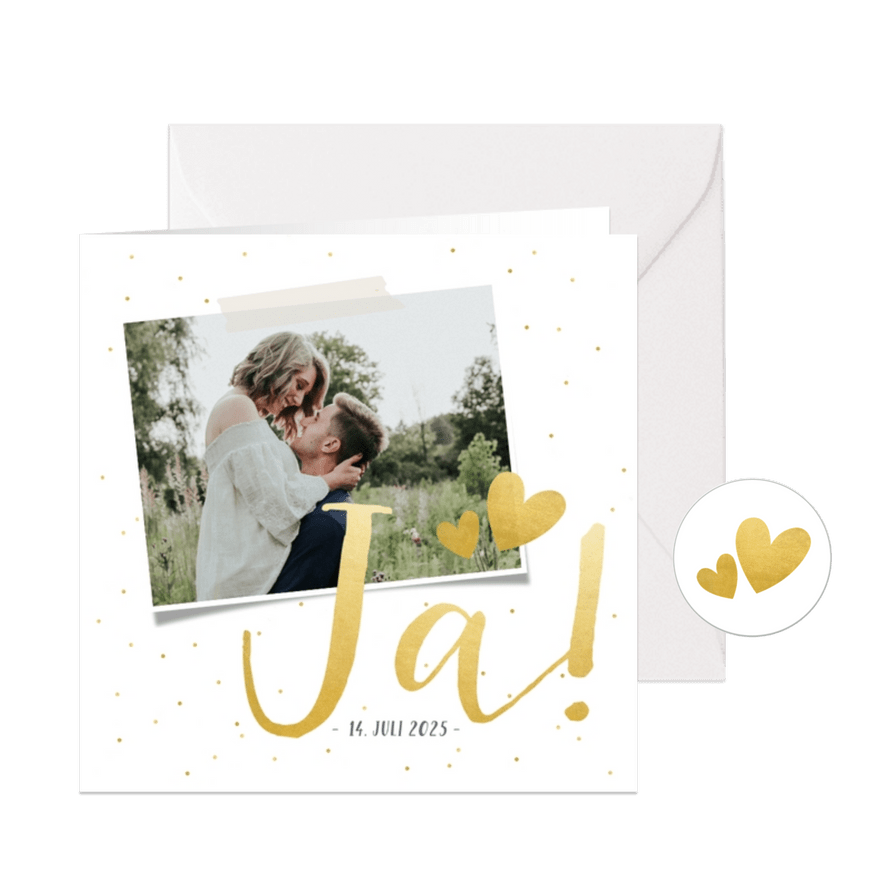 Einladungskarte zur Hochzeit mit Schrift in Goldlook & Foto - Karteneindruck
