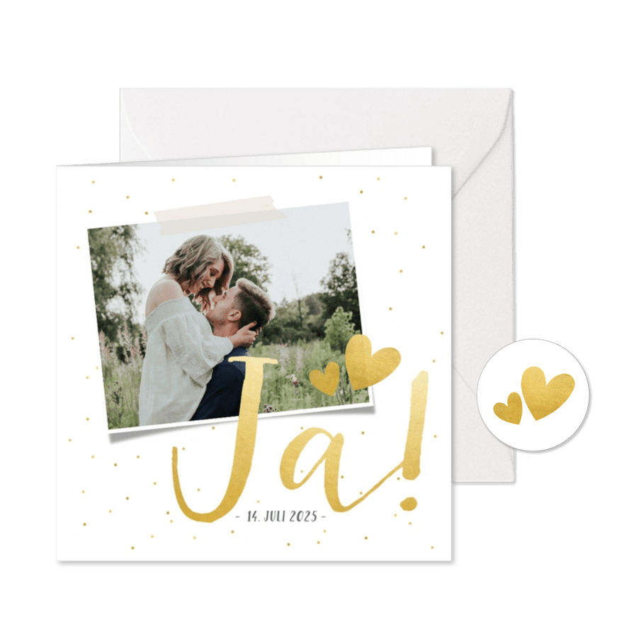 Einladungskarte zur Hochzeit mit Schrift in Goldlook & Foto - Karteneindruck
