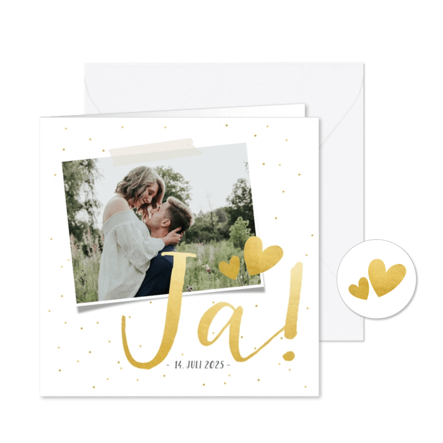 Einladungskarte zur Hochzeit mit Schrift in Goldlook & Foto - Karteneindruck