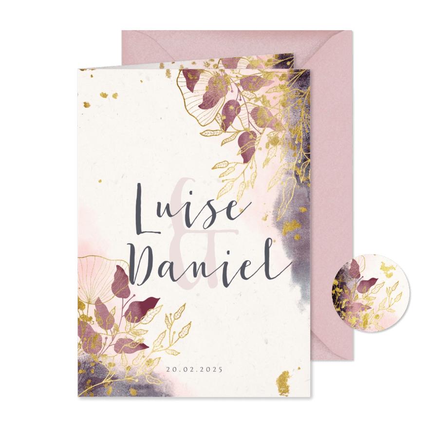 Einladungskarte zur Hochzeit mit stilvollen Blumen in rosa - Karteneindruck
