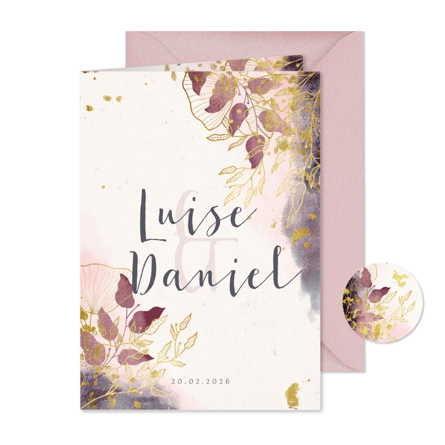 Einladungskarte zur Hochzeit mit stilvollen Blumen in rosa - Karteneindruck
