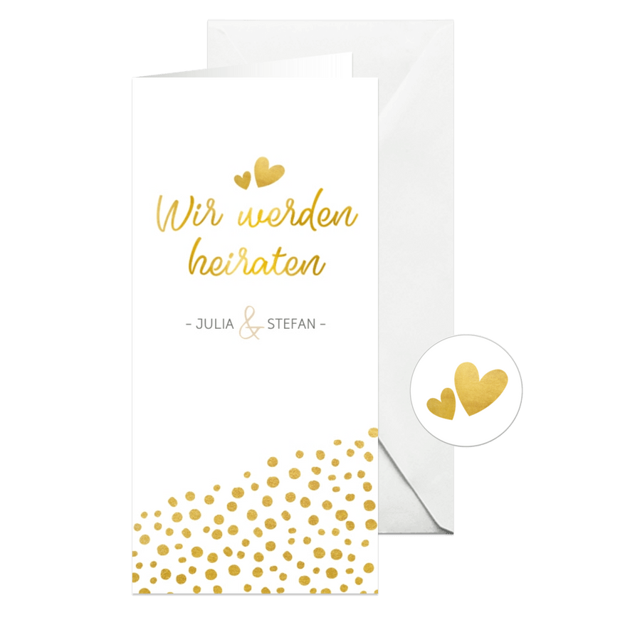 Einladungskarte zur Hochzeit mit Timeline im Goldlook - Karteneindruck
