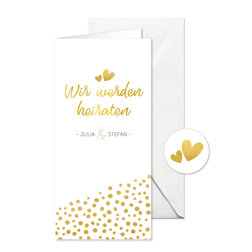 Einladungskarte zur Hochzeit mit Timeline im Goldlook - Karteneindruck
