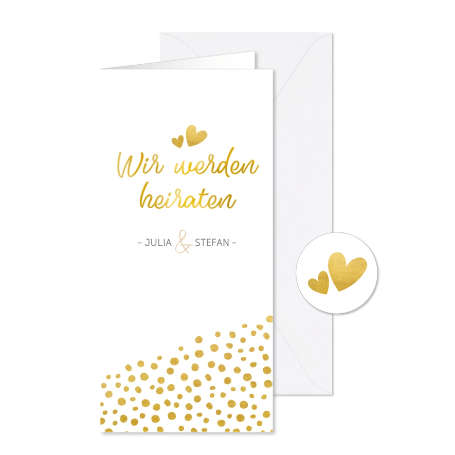 Einladungskarte zur Hochzeit mit Timeline im Goldlook - Karteneindruck