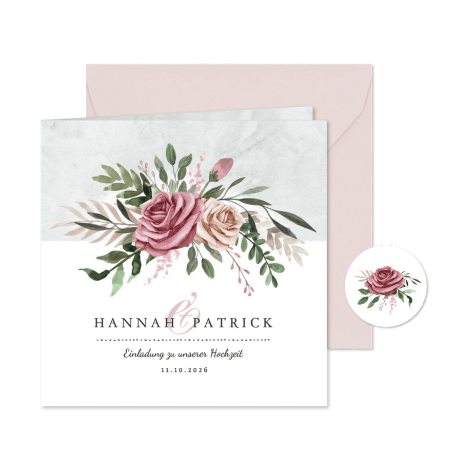 Einladungskarte zur Hochzeit Rosen & Marmor - Kartenvorschau