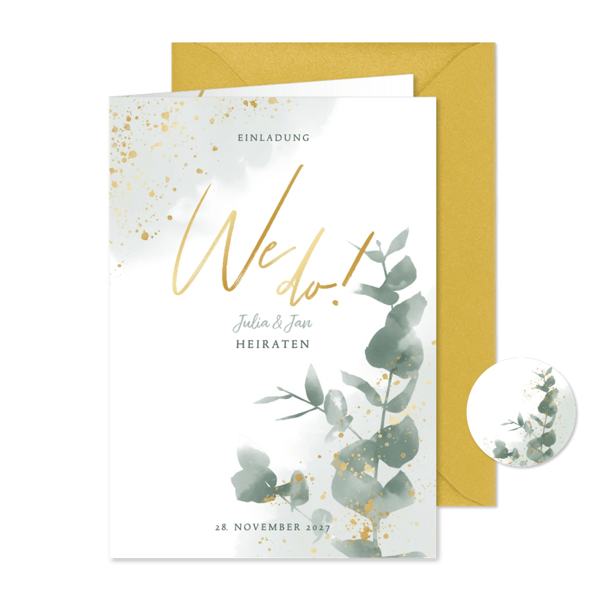 Einladungskarte zur Hochzeit Timline & Eukalyptus Gold - Karteneindruck
