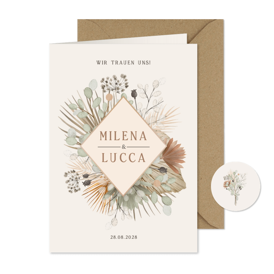 Einladungskarte zur Hochzeit Trockenblumen - Karteneindruck
