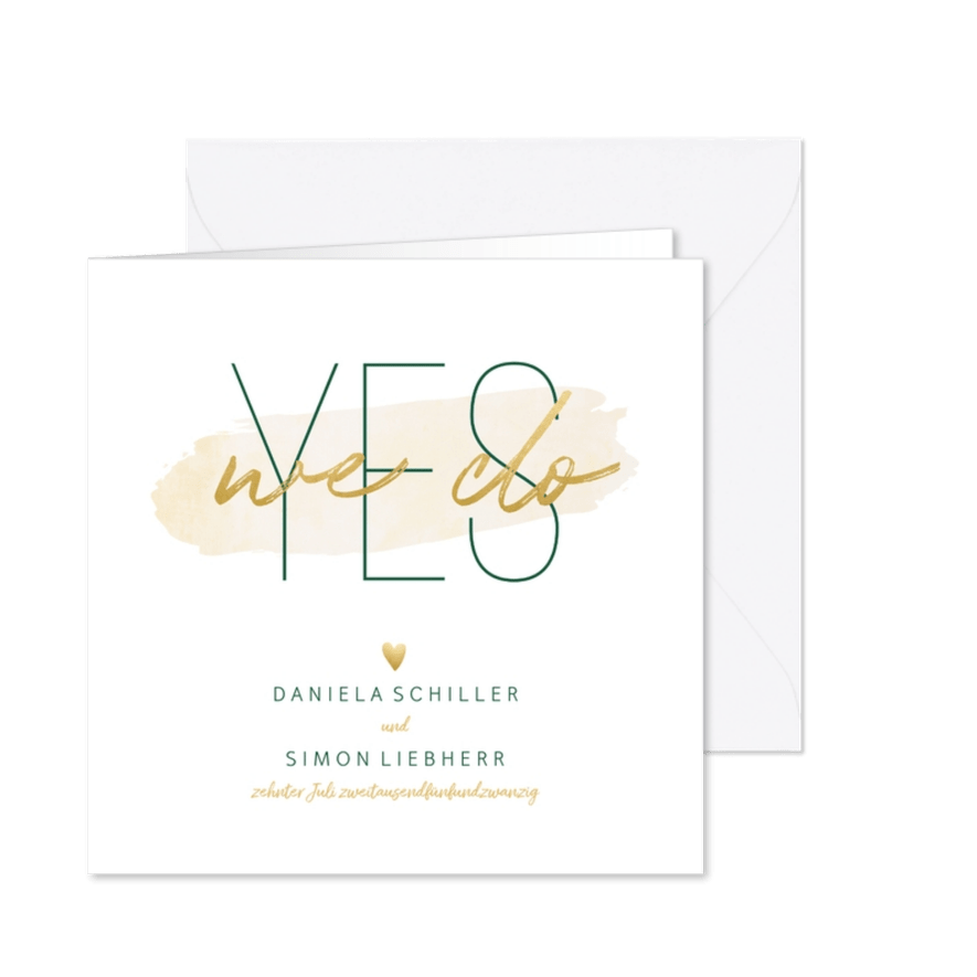 Einladungskarte zur Hochzeit 'Yes we do' im Goldlook - Karteneindruck