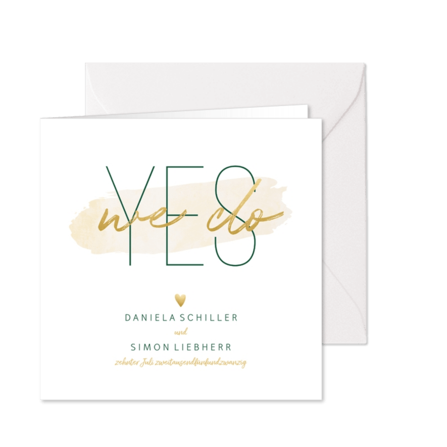 Einladungskarte zur Hochzeit 'Yes we do' im Goldlook - Karteneindruck
