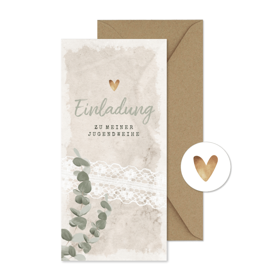 Einladungskarte zur Jugendweihe Eukalyptus & Spitze - Karteneindruck