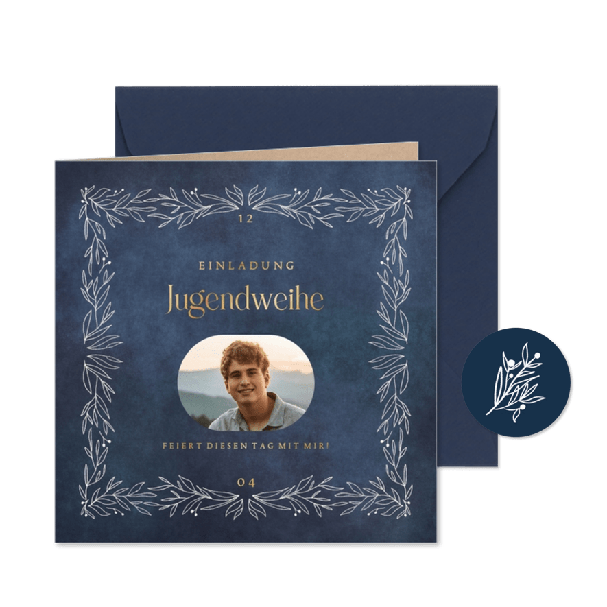 Einladungskarte zur Jugendweihe Rahmen aus Zweigen & Foto - Karteneindruck