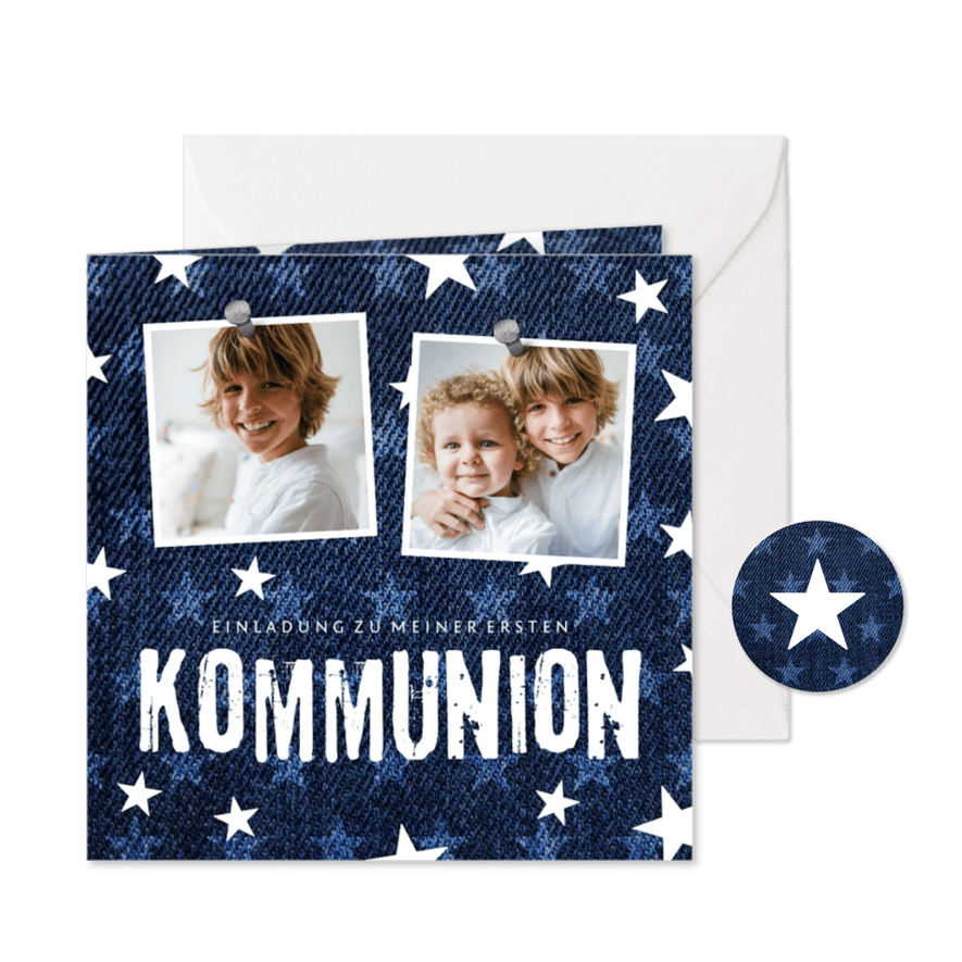 Einladungskarte zur Kommunion Denimlook mit Fotos - Karteneindruck