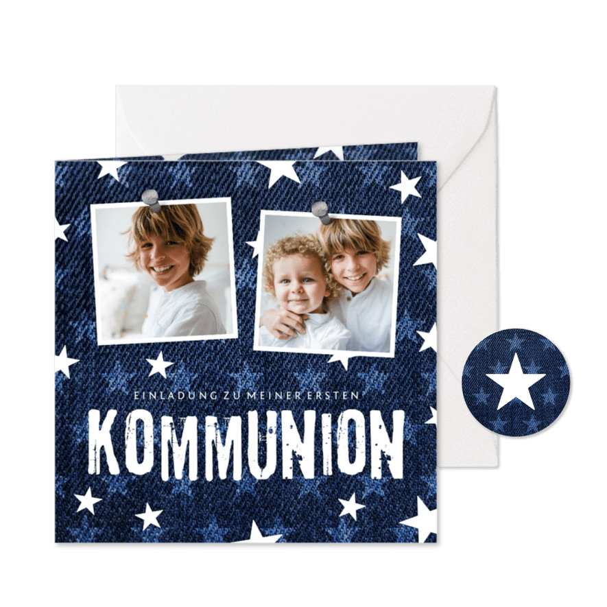 Einladungskarte zur Kommunion Denimlook mit Fotos - Karteneindruck
