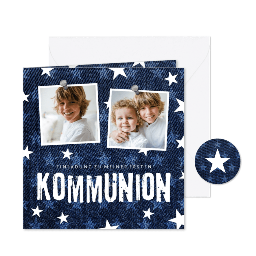 Einladungskarte zur Kommunion Denimlook mit Fotos - Karteneindruck