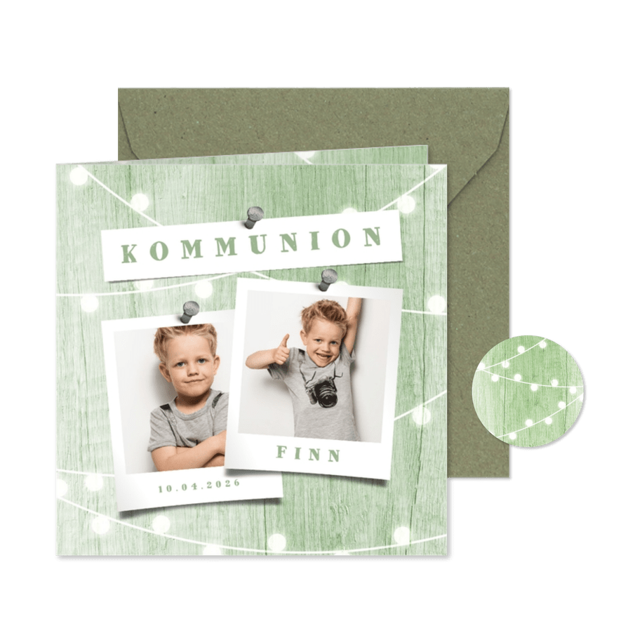 Einladungskarte zur Kommunion Fotos grünes Holz - Karteneindruck
