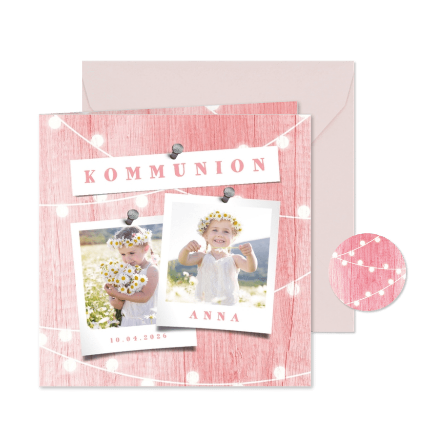 Einladungskarte zur Kommunion Fotos rosa Holz - Karteneindruck