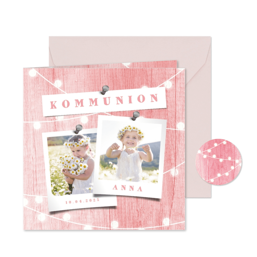 Einladungskarte zur Kommunion Fotos rosa Holz - Karteneindruck