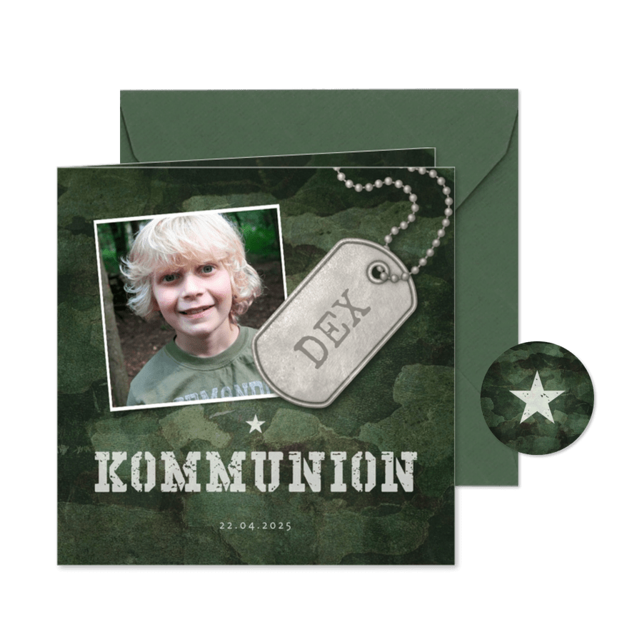 Einladungskarte zur Kommunion grüner Militarylook mit Fotos - Karteneindruck
