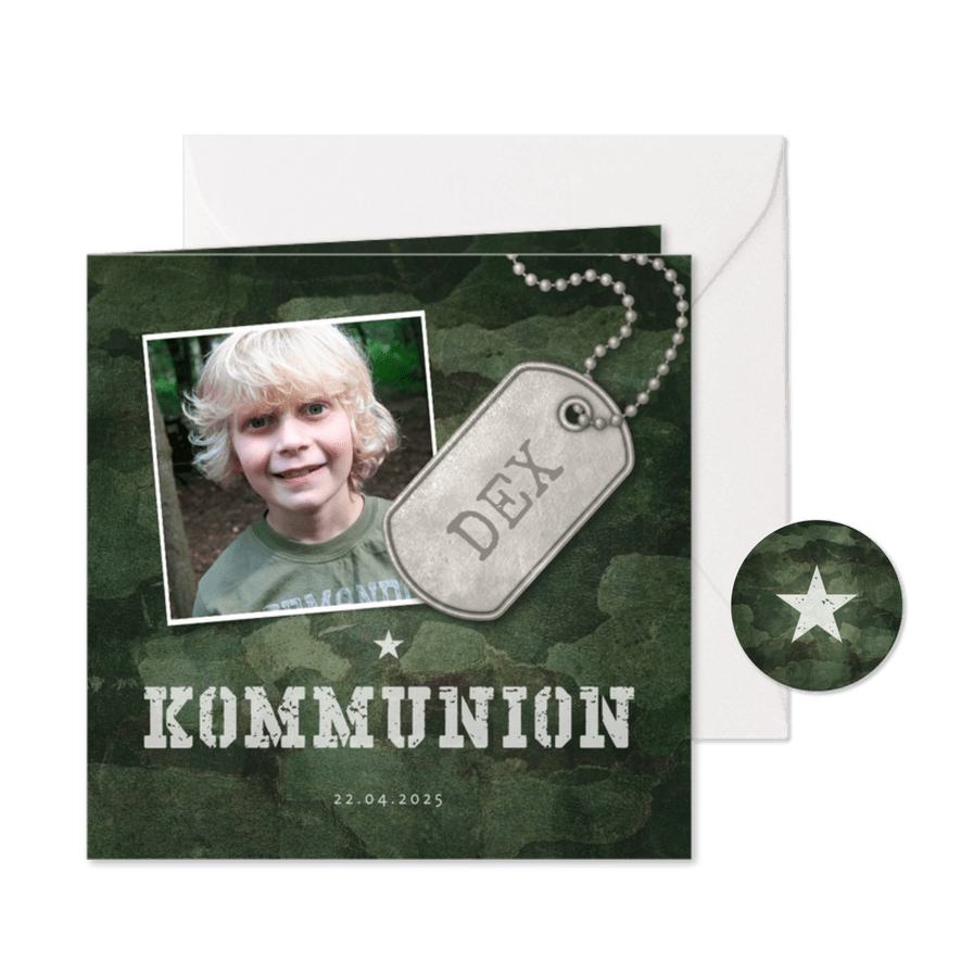 Einladungskarte zur Kommunion grüner Militarylook mit Fotos - Karteneindruck
