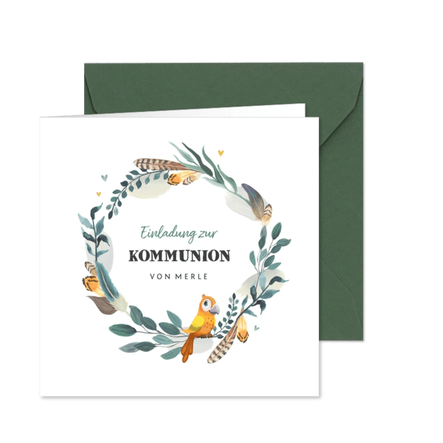 Einladungskarte zur Kommunion Papagei in Kranz - Karteneindruck