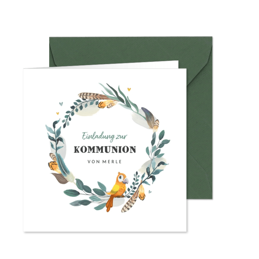 Einladungskarte zur Kommunion Papagei in Kranz - Karteneindruck