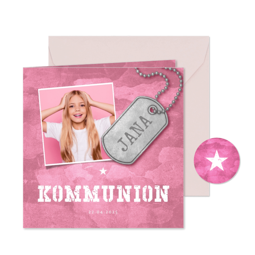 Einladungskarte zur Kommunion rosa Militarylook mit Fotos - Karteneindruck
